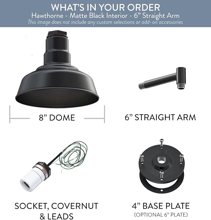 Steel Lighting Co. Hawthorne Barn Light | Outdoor Wall Mounted | 8 inch Dome | 6 inch Straight Arm| Small Farmhouse Light Made in America | Matte Black Exterior/Matte Black Interior
