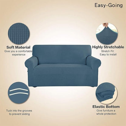 Easy-Going Stretch Loveseat Slipcover 1-Piece Sofa Cover Furniture Protector Couch Soft with Elastic Bottom for Kids Polyester Spandex Jacquard Fabric Small Checks (Loveseat, Bluestone)
