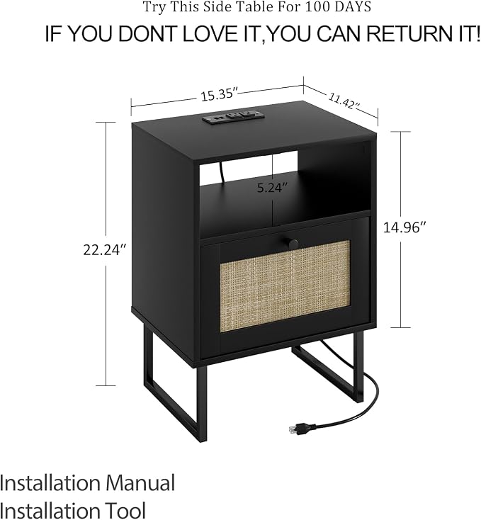 Masupu Rattan Nightstand with Charging Station, Modern Boho Farmhouse Wood - Image 2