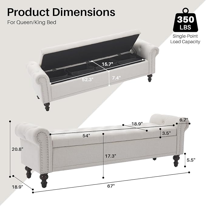 SOFTHION 67" Storage Bench for Bedroom, Linen Upholstered - Image 2