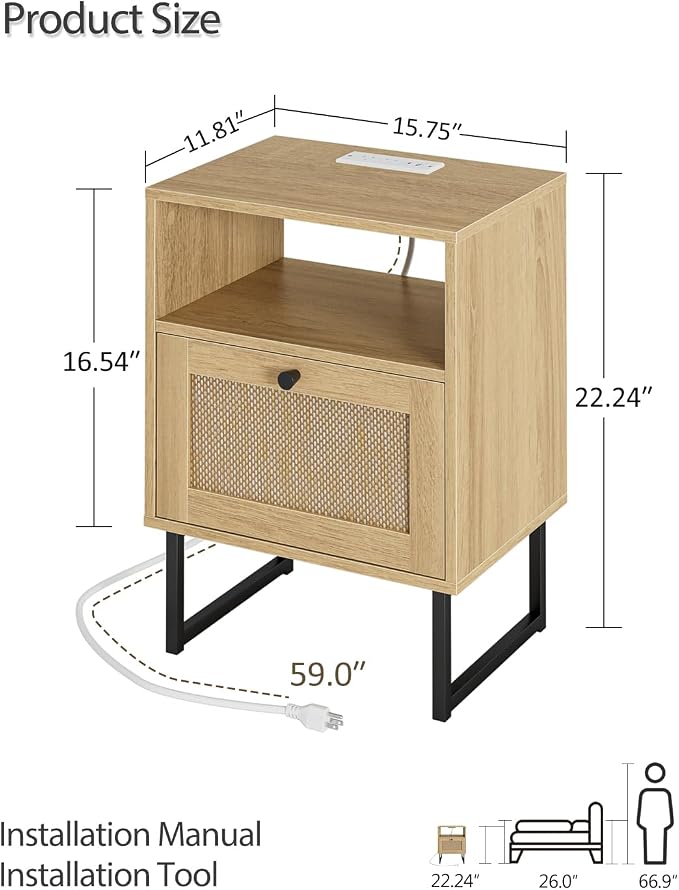 Masupu Rattan Nightstand with Charging Station, Modern Boho Farmhouse Wood - Image 2