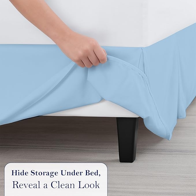 Full Bed Skirt, Luxury 12 Inch Drop Light Blue Pleated Bed Skirt, Double Brushed Microfiber, Box Pleat Design, Wrinkle & Fade Resistant, Easy Fit Tailored Bedskirt for Full Size Beds