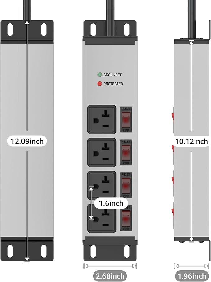 CCCEI Heavy Duty Surge Protector Power Strip 20 Amp Individual Switches. 20FT 12 Gauge Extension Cord with Multiple Outlets. Kitchen, Garage, Shop, Industrial Wall Mount Electric Extender, Grey.