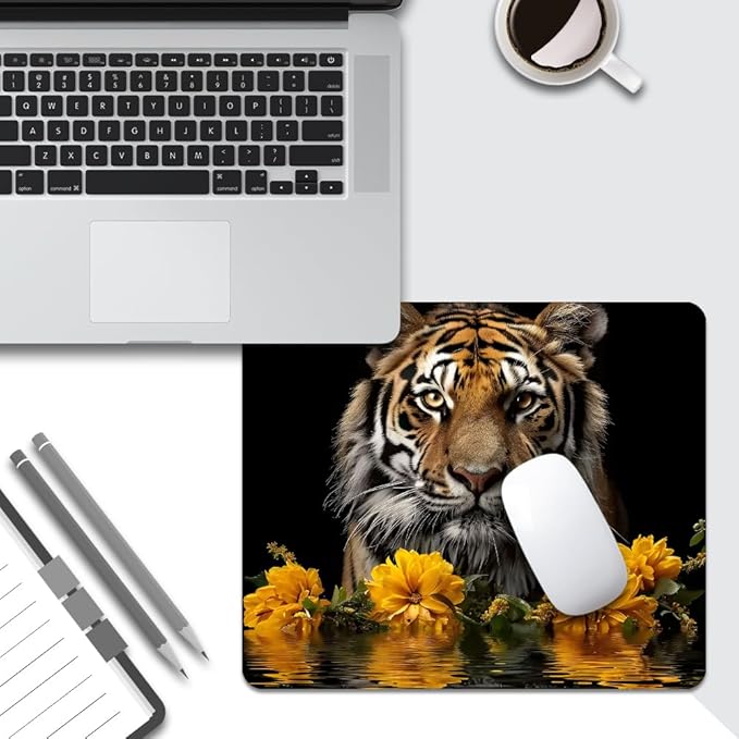 Tigers and Yellow Flowers Square Mouse pad, Texture, Waterproof, Anti Slip Rubber Base, Computer Mouse pad, Laptop Mouse pad