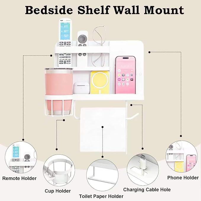Bedside Wall Organizer, Floating Bedside Shelf Wall Mount - Image 4