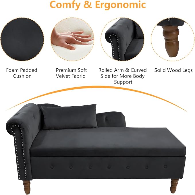Aoowow Velvet Bedroom Storage Bench End of Bed, Rolled Arm Couch Indoor Chaise - Image 3