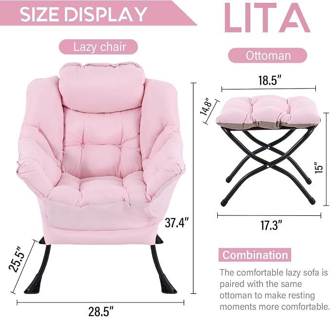Lazy Chair with Ottoman, Comfy Accent Reading Chair, Removable Cover, with - Image 3