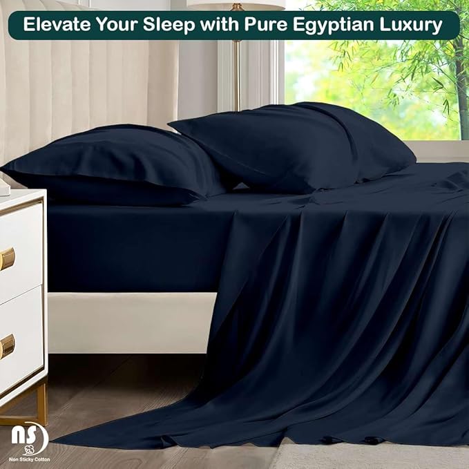 NON Sticky cotton Full Size Sleeper Sofa Sheets, 4 Piece Egyptian Cotton Bed Sheet Set for Sofa Bed, 8" Deep Pocket for Pull Out Couch Mattress, 54" x 75", Navy Blue Solid, Soft & Breathable