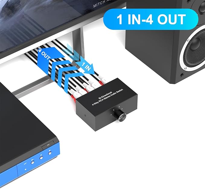 Dingsun 4-Way Stereo Audio Switcher, Bi-Directional Right and Left Channel Audio Selector Box for Blu-ray Players or DVD Players Active Speakers (4In-1Out /1In-4Out)(1In-4Out /4In-1Out)
