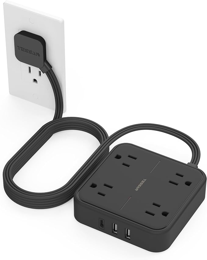 TESSAN Surge Protector Flat Extension Cord 10Ft, Flat Plug Power Strip | 4 by TESSAN