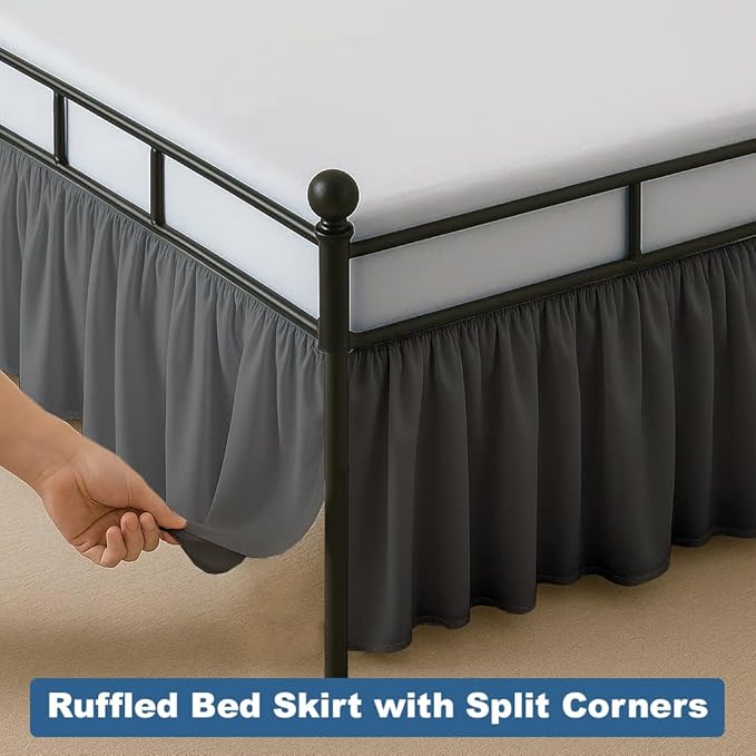 Ruffled Bed Skirt Split Corners with Platform, Tailored Fit Hotel Quality Wrinkle Free Ultra-Soft Microfiber Dust Ruffle, Upto 21 Inch Drop, Full XL, Dark Grey