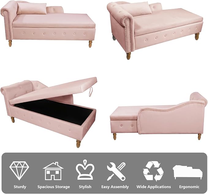 Aoowow Pink Velvet Bedroom Storage Bench End of Bed, Rolled Arm Couch Indoor - Image 7