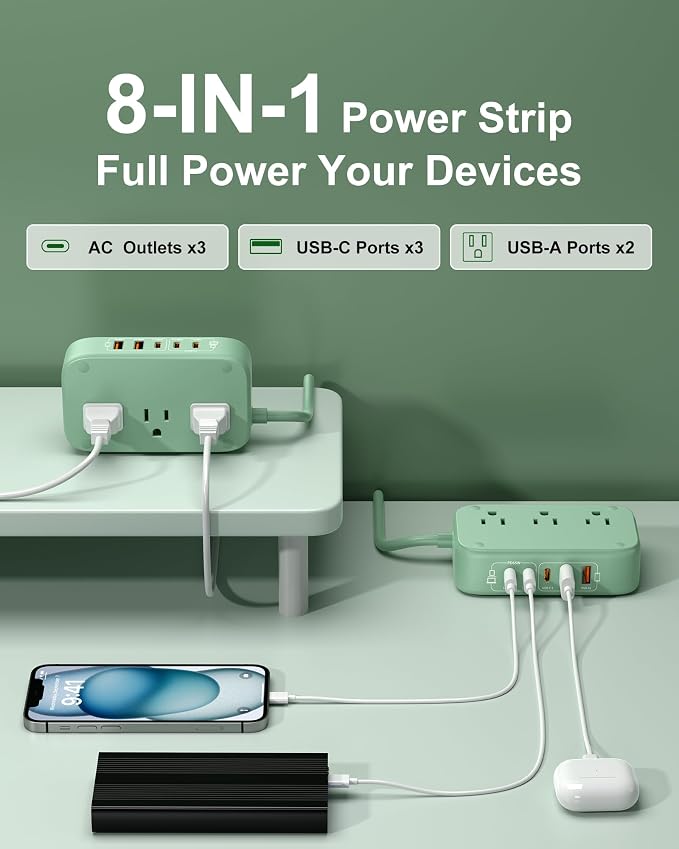 8-in-1 Flat Plug Power Strip, 85W PD USB C Desktop Charging Station | Green - Image 2