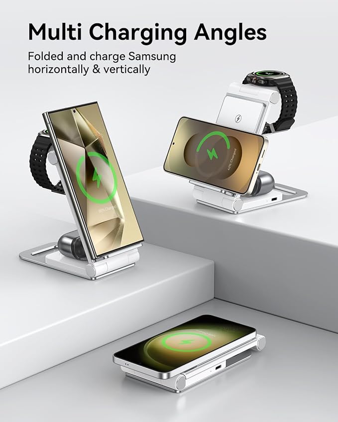 Wireless Charger for Samsung 3 in 1 Wireless Charging Station Foldable Wireless Charger Stand for Galaxy S25 S24 S23 S22 S21 Ultra/Plus Z Flip Z Fold 7 6 5 4 3 for Galaxy Watch/Galaxy Buds