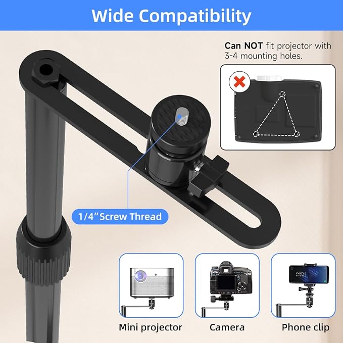 suptek 63.9” Extendable Projector Stand Against Wall Hidden Stand, 360°Swivel, Height Adjustable, Mini Projector Mount Bracket, Compatible with Home Office Video Vlog DVR Camera, PR001FPL