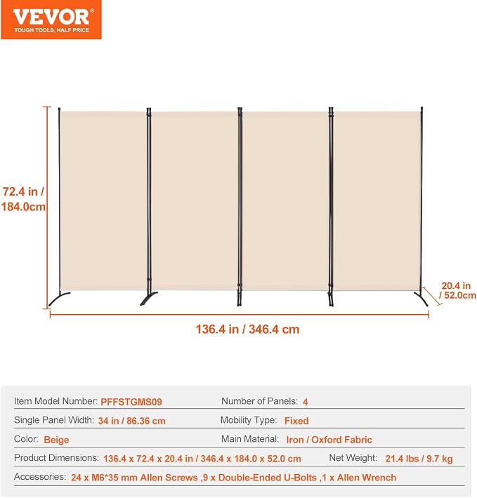 VEVOR Room Divider, 4 Panel Room Divider, Folding Privacy Screen and Portable - Image 7