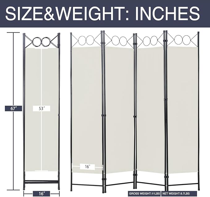 Room Divider 4 Panels 6FT Room Divider Beige Privacy Panel Screens | Wall - Image 2