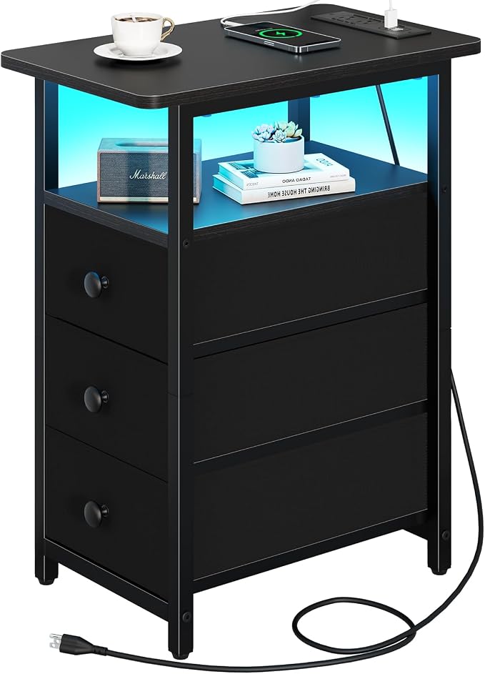 Yoobure End Table with Charging Station, LED Narrow Side Table Bedside Table by Yoobure