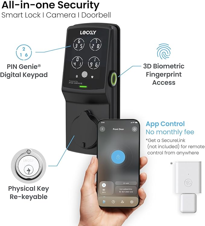 Lockly Secure Plus, Keyless Entry Door Lock, Smart Locks for Front Door, Smart Lock Deadbolt, PIN Genie® Keypad, 3D Biometric Fingerprint Sensor, Auto Lock Smart Door Lock