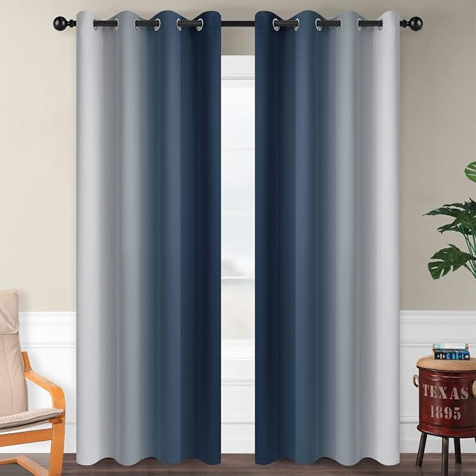 SimpleHome Ombre Navy Blue to Grey White Curtains - Image 2