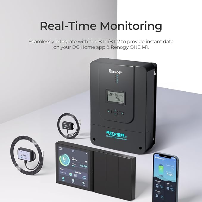 Renogy Charge Controller-Rover 60A MPPT 12V/24V/36V/48V Auto-Detect LCD Display | 99.9% Efficiency for Gel/Flooded/Lithium Batteries | Dual-Peak Tracking & Modbus Support (60A 12V/24V/36V/48V)
