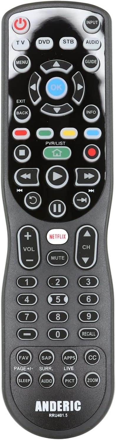 4-in-1, 4-Device IR Universal Remote Control with Macro, Learning, Backlit, Netflix Apps Keys for All TVs, Streaming Players, BluRay Player, Audio, Cable, Roku, Apple TV and More - Anderic RRU401