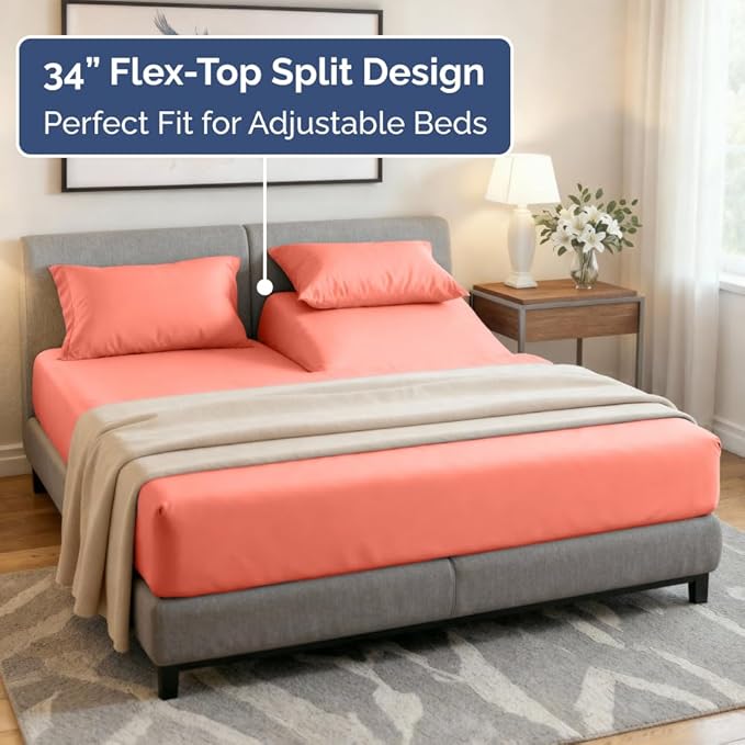 Split Head King Sheet Set – 4 Piece Flex Split Top King Sheets for Adjustable Beds - Fits 14” to 16" Mattress w/ Deep Pockets - Ultra-Soft, Breathable & Cooling - Luxury Bedding & Wrinkle Free - Coral