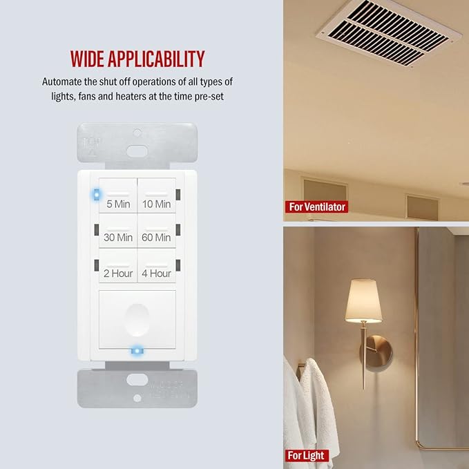 ENERLITES Countdown Timer Switch for Bathroom Exhaust Fan, Wall Light Switch Timer, 5 min – 4 Hours, Night Light LED Indicator, Neutral Wire Required, UL Listed, HET06-4H-W, White