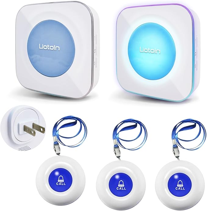 LIOTOIN Caregiver Pager Wireless Call Button Call Bell Emergency Button Call Light System for Elderly/Patients/Home Nurse Alert System 3 Call Button 2Plugin Receivers (600+ft Operating Range)