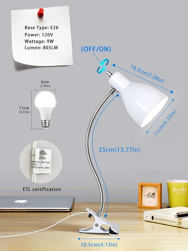 Desk lamp Eye-Caring Table Lamps, 360°Rotation Gooseneck Clip on Lamp Reading - Image 7