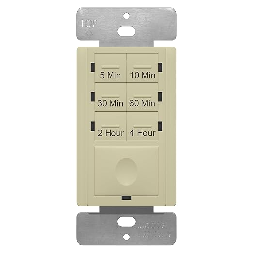 ENERLITES 4-Hour Countdown Timer Switch, 5-10-30-60 Min, 2-4 Hour, for Bathroom Fans, Heaters, Lights, LED Indicator, 120VAC 800W, No Neutral Wire Required, UL Listed, HET06-J-I, Ivory