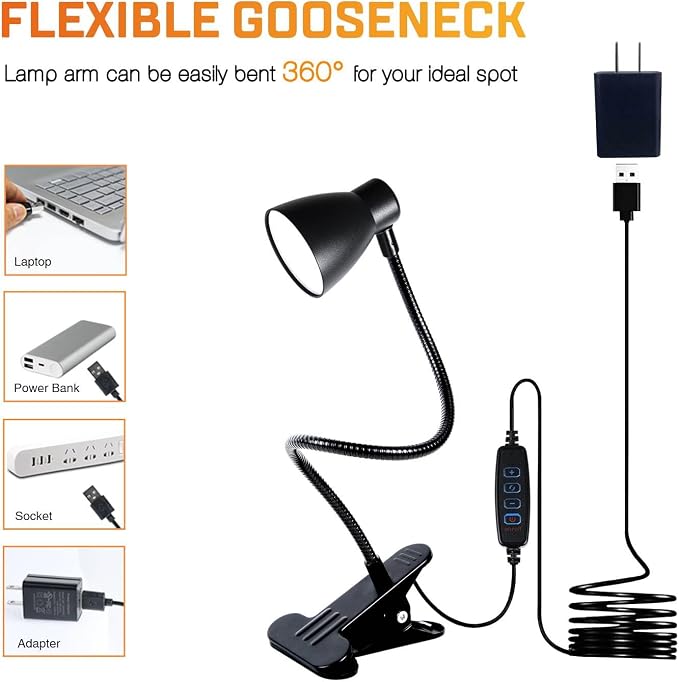 2 Pack Clip Desk Lamp, Ultra-Flexible Gooseneck Clip Reading Lights, - Image 5