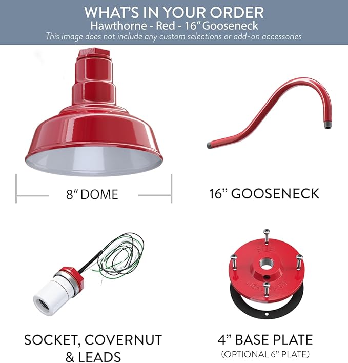 Steel Lighting Co. Hawthorne Barn Light | Outdoor Wall Mounted | 8 inch Dome | 16 inch Gooseneck| Small Farmhouse Light Made in America | Red Exterior/White Interior