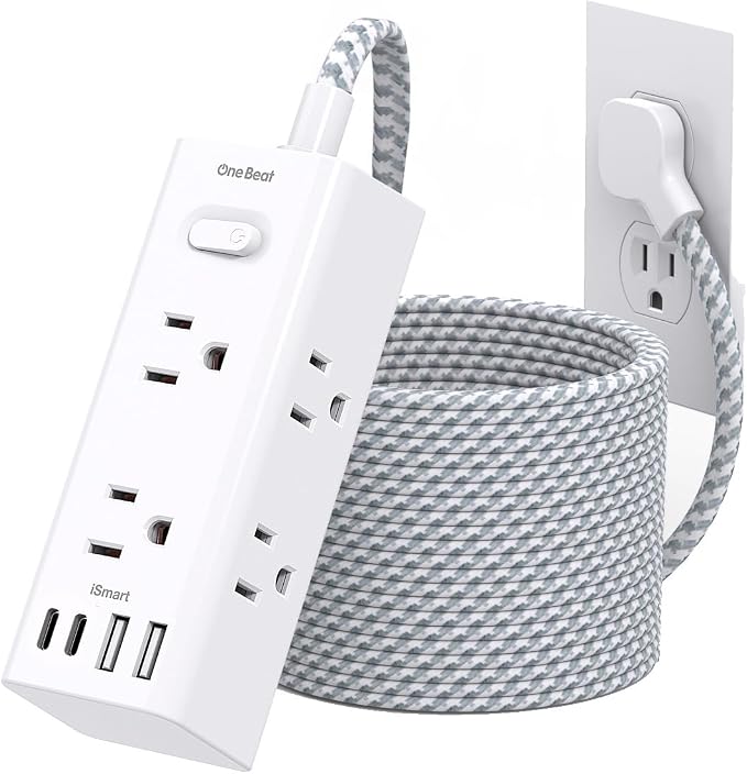 Flat Plug Extension Cord 25Ft, One Beat 900J Surge Protector Power Strip 25 Ft by OneBeat