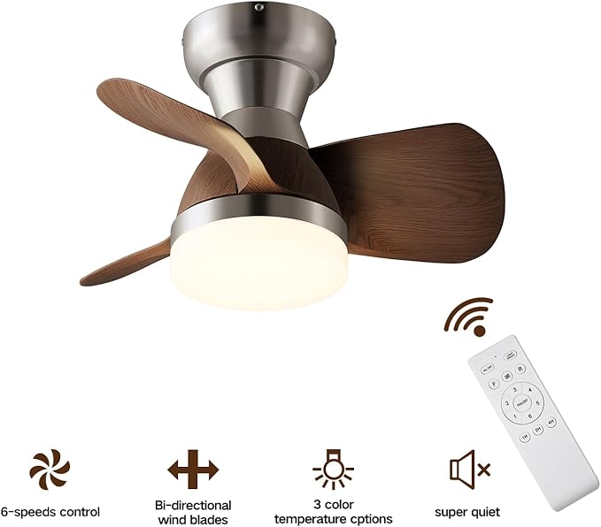 Myleoron 20 Inch Ceiling Fan with Light，3 Blades，Silver with Light with Remote Control Small Ceiling Fan ， Suitable for Living Room, Dining Room，Bedroom