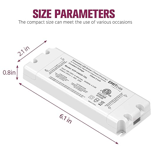 EMITEVER 25W Triac Dimmable Driver,Power Supply,AC 120V to DC 24V Transformer,Compatible with Lutron and Leviton Dimmers,for LED Lighting,Class 2,ETL Certified
