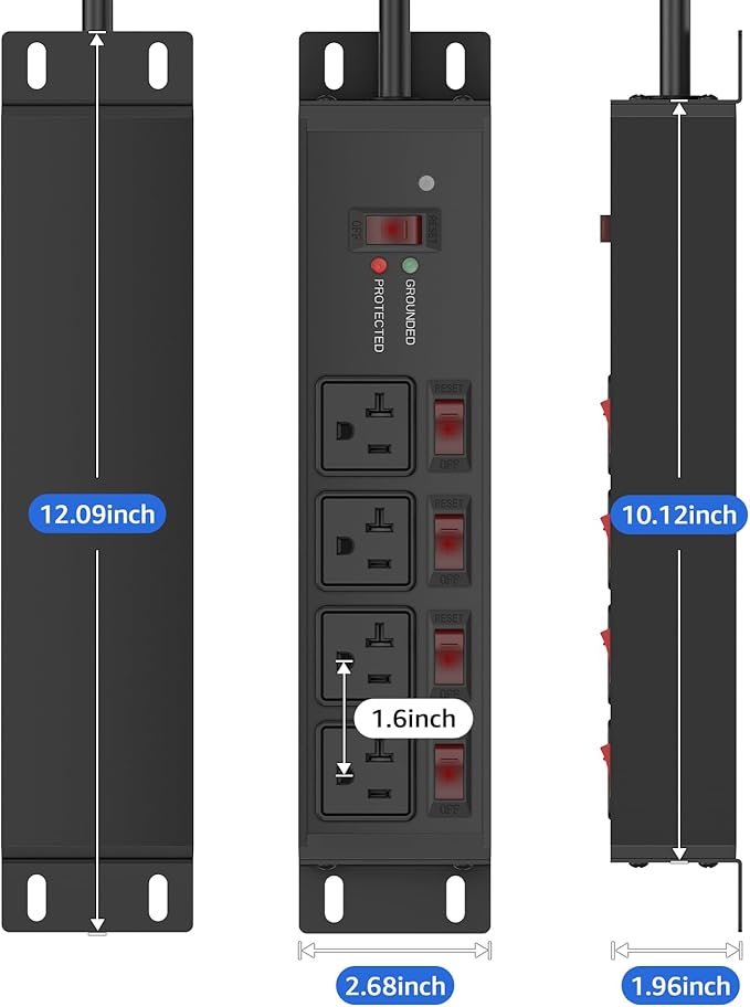 CCCEI Heavy Duty Surge Protector Power Strip 20 Amp Individual Switches. 25FT 12 Gauge Extension Cord with Multiple Outlets. Kitchen, Garage, Shop, Industrial Wall Mount Electric Extender, Black.