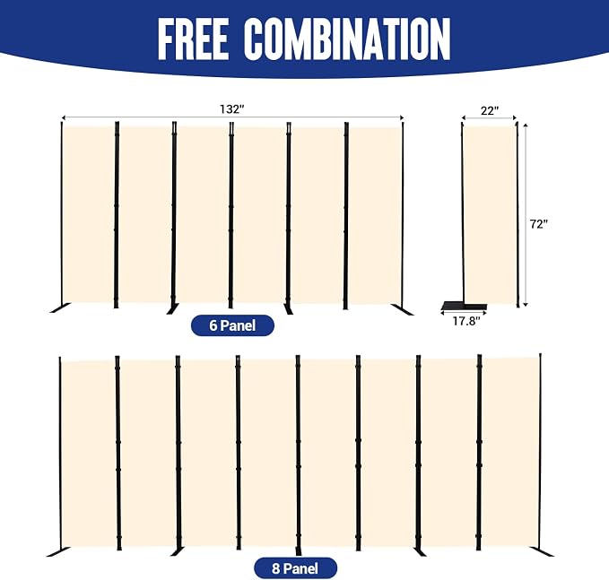 6 Panel Folding Privacy Screen, 11ft W x 6ft H Partition Room Divider Panel | - Image 5