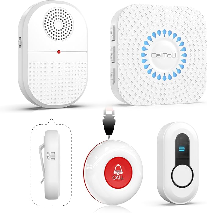 CallToU Caregiver Pager Wireless Call Button for Hard of Hearing Waterproof 500FT Vibration Nurse Calling Alert System for Home Elderly Monitoring Disabled/Patient/Seniors (2+2)