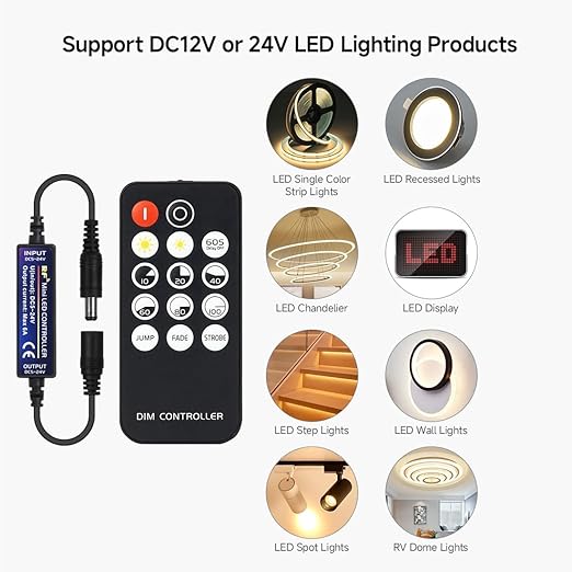 BTF-LIGHTING Mini RF Dimmer Controller 14 Keys for FCOB 3014 5630 5730 3528 Strip Lights DC5V/DC12V/DC24V Brightness Mode Effect Mode Wireless LED Dimmer Controller(Single Color)