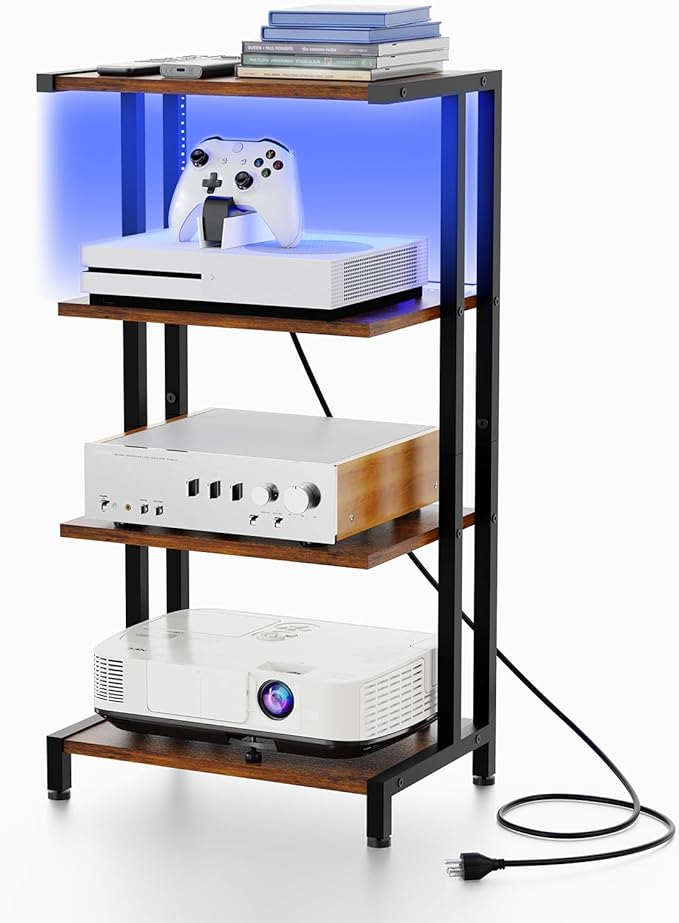 X-cosrack 16.5" Small 4-Tier AV Media Stand with Power Strips,Narrow Version Wooden Corner TV Stand Shelf with LED Lights,Stereo Cabinet Audio Rack Stand Tower for Small Media Players and Boxes