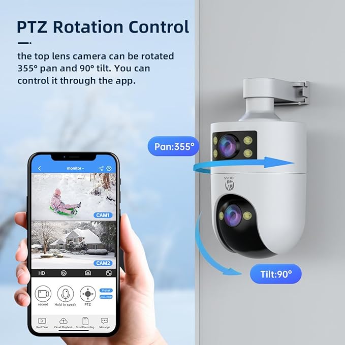 2K Indoor Cameras for Home Security, Dual-Lens Security Camera 360° PTZ for Baby Monitor Pet Cam, Built-in Spotlight, Night Vision, Motion Detection, 2-Way Audio, 2.4GHz & 5GHz WiFi, Works w/Alexa