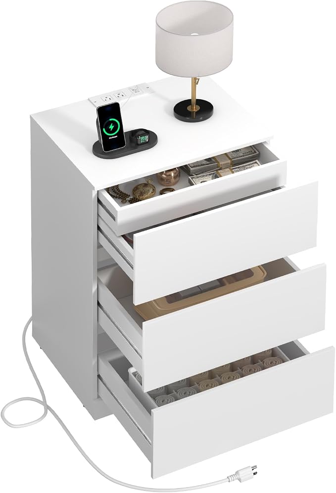 Nightstand with Charging Station and Hidden Drawer, Modern Night Stand by Draelibor