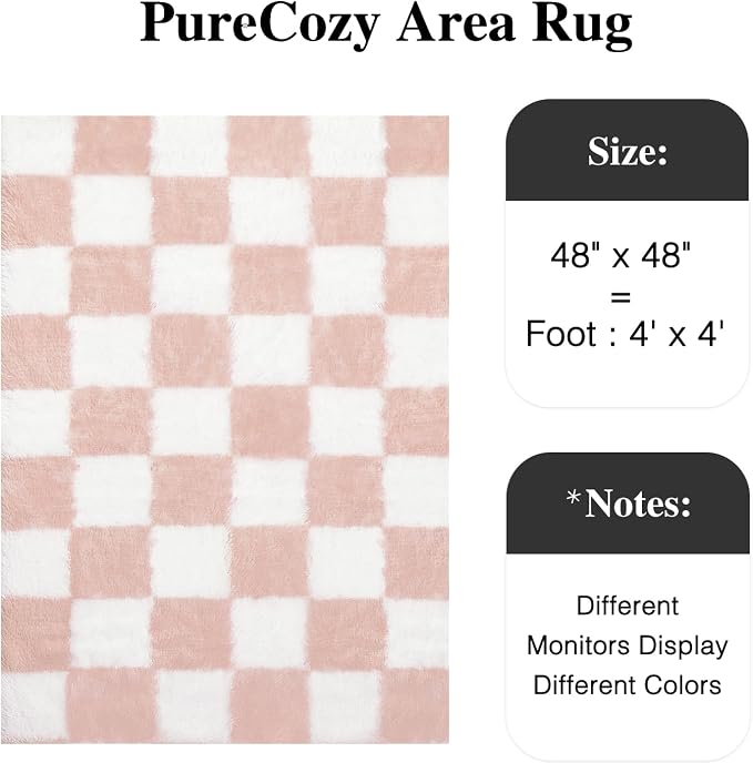 Pink Round Rug 6ft for Bedroom Soft Fluffy Checkered Shag Carpet | Machine - Image 2
