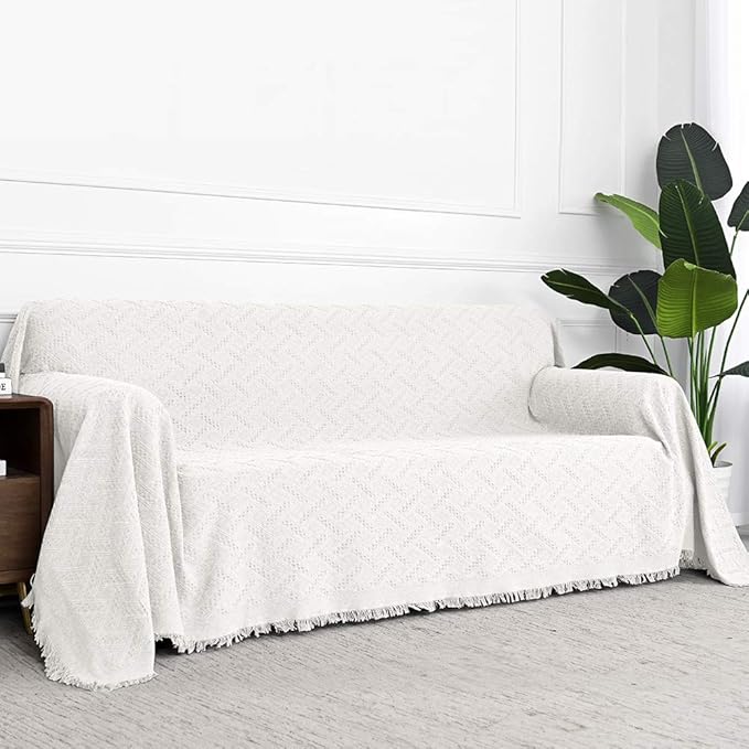 MYSKY HOME White Sofa Covers for 3 Cushion Couch Geometrical Sectional Sofa Couch Cover Living Room Sofa Throws Sofa Slipcovers for Pets, Kids (X-Large, 91" x 118", White)