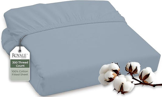 ROYALE LINENS 300 Thread Count 100% Long Staple Combed Cotton Fitted Sheet Queen - Super Soft Deep Pocket Bottom Sheet - Fitted Sheets Only - Elastic Sheets (Queen, Lake Blue)