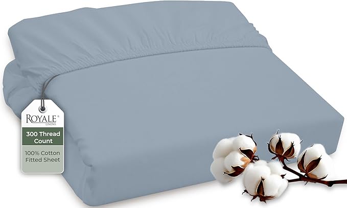 ROYALE LINENS 300 Thread Count 100% Long Staple Combed Cotton Fitted Sheet Full - Super Soft Deep Pocket Bottom Sheet - Fitted Sheets Only - Elastic Sheets (Full, Lake Blue)