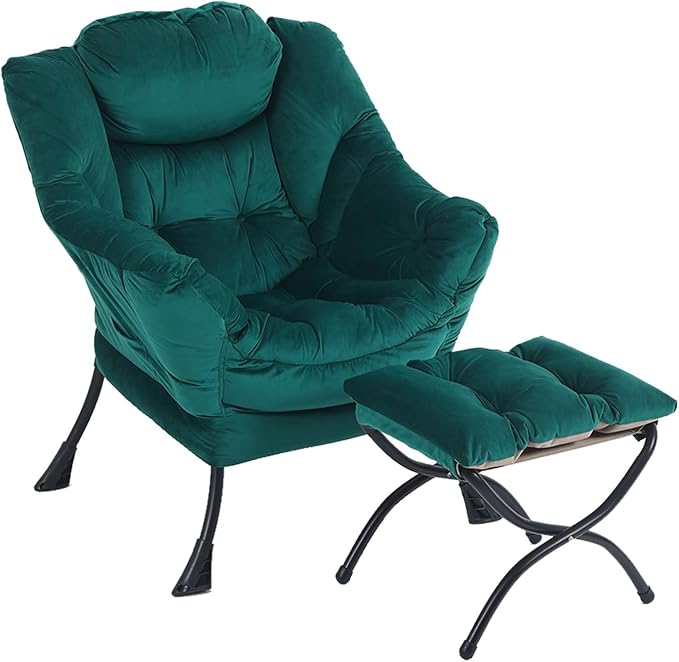 Lazy Chair with Ottoman, Comfy Accent Reading Chair, Velvet Green | Foldable by LITA