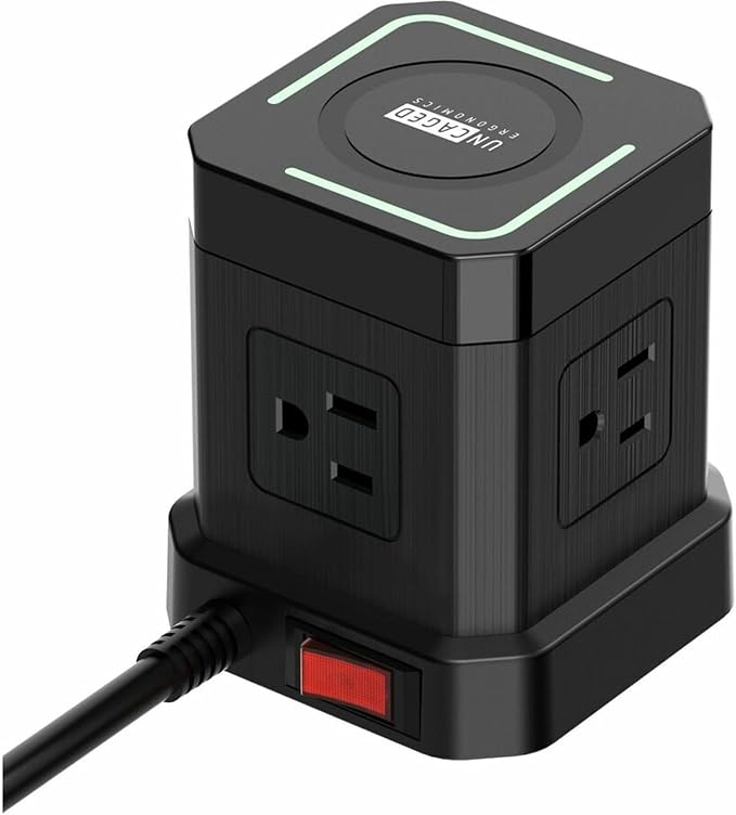 Uncaged Ergonomics Wireless Charger Cube Power Strip with USB Ports & Surge Protection, 10ft Extension Cord, 4 AC Plugs, 3 USB Ports (1C), Fast Charging, On/Off Switch, Nightstand Charger Station