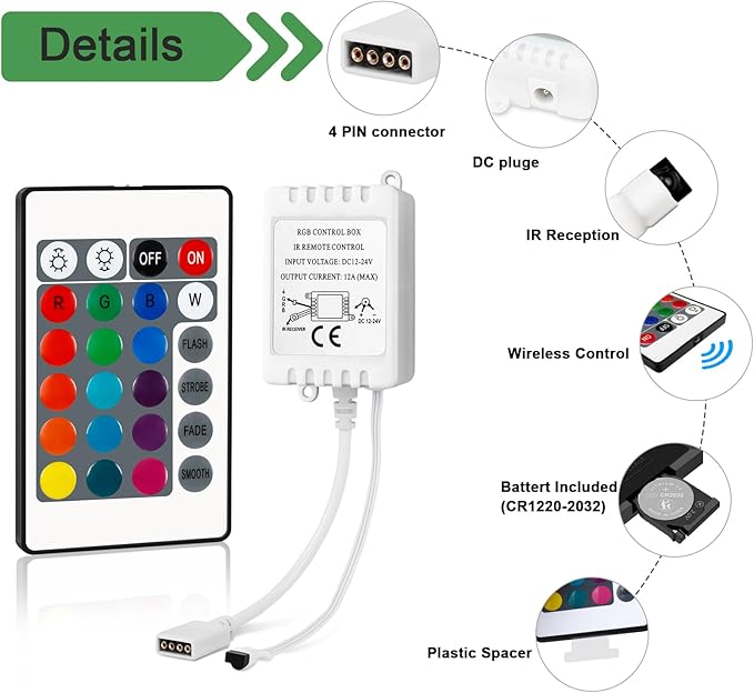 Taoellen RGB LED Light Strip Remote Controller, Dimmer for RGB LED Strip Lights, 24 Key Wireless IR Remote Controller for SMD 5050 3528 Rope Lights